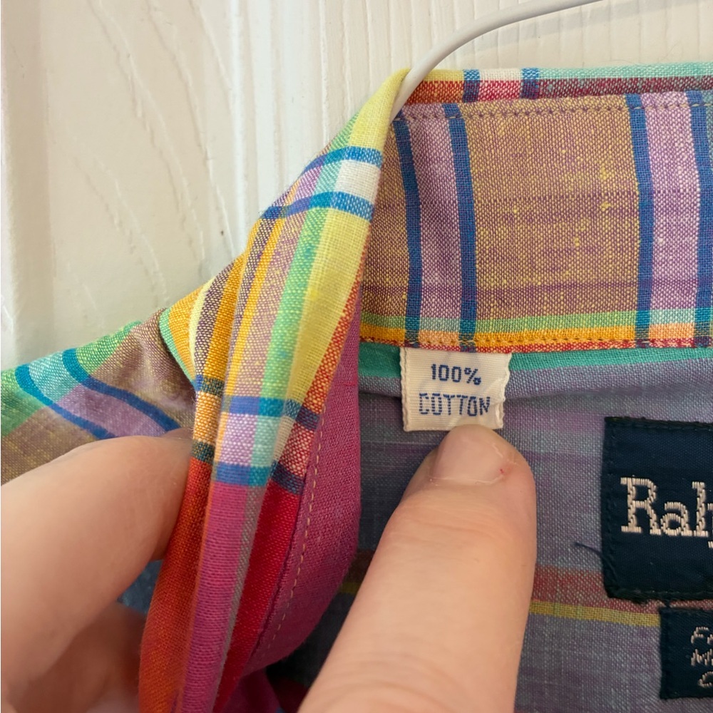 Vintage Ralph Lauren Madras Plaid Long Sleeve Shirt Orange Pink Yellow Blue L - Picture 4 of 7